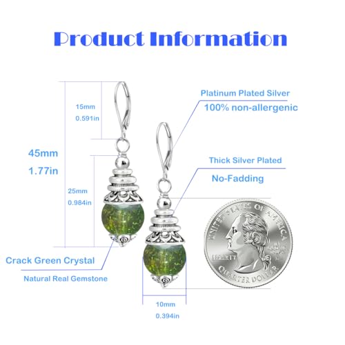Natural 10mm Stone Beads Drop Earrings,Retro Silver Round Quartz Crystal Gemstone Beads Dangle Earrings for Women - color: A09_Crack Green Quartz