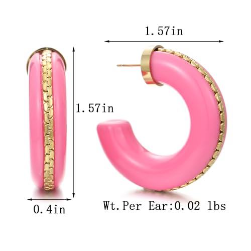 Gold Plated Resin Chunky Hoop Earrings Hypoallergenic Push Back Hoops for Sensitive Ears - color: Hot Pink