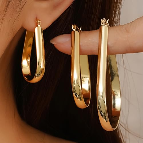 Oval Hoop Earrings 4.8mm Wide Large Chunky Lightweight Big Hoop Earrings 18K Gold Plated Minimalist Jewelry for Women 20/30/40mm - color: Gold-18mm Inner Diameter
