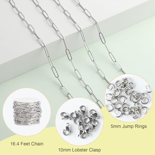 SMYHTGLIF 16.4 Feet Silver Paperclip Stainless Steel Jewelry Making Chains | Oval Soldered DIY Necklace Bracelet Chain with Lobster Clasps and Open Jump Rings for Jewelry Making - color: Silver, size: 4.5×14mm