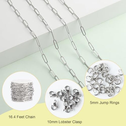 SMYHTGLIF 16.4 Feet Silver Paperclip Stainless Steel Jewelry Making Chains | Oval Soldered DIY Necklace Bracelet Chain with Lobster Clasps and Open Jump Rings for Jewelry Making - color: Silver, size: 4.5×14mm
