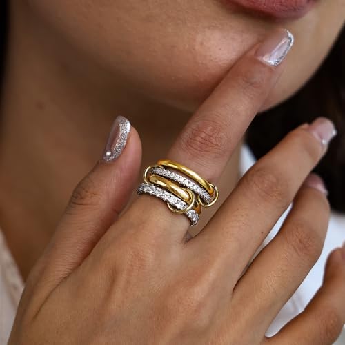 ACLOKOO 4 Pack Interlocked Stackable Rings for Women - 14K Gold Plated Statement 4 Mixed Metals Multi Ring Stack - Cubic Zirconia Two-Toned Connected Bands Stacking Jewelry