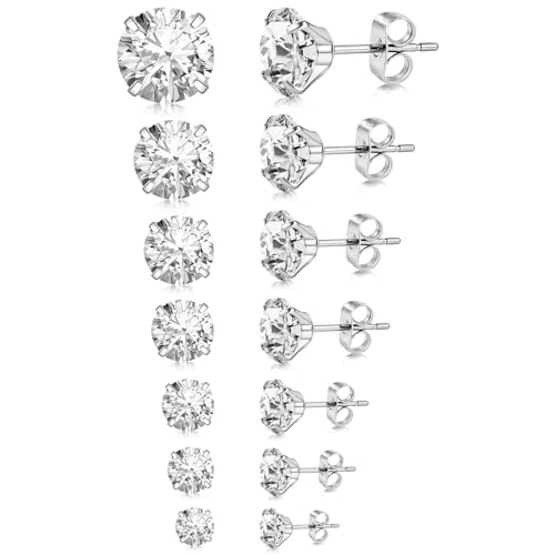 7 Pairs 20G Stainless Steel Stud Earrings Set Cubic Zirconia CZ Earrings Multi Size 2mm-8mm - color: Silver, size: Elegant