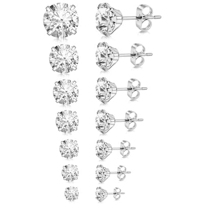 7 Pairs 20G Stainless Steel Stud Earrings Set Cubic Zirconia CZ Earrings Multi Size 2mm-8mm - color: Silver, size: Elegant