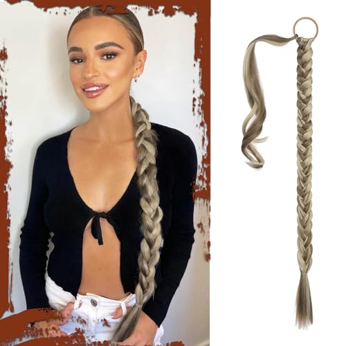 Long Braid Ponytail Extension with Hair Tie Straight Sleek Wrap Around Hair Extensions Braid Pony Tail Fluffy Natural Soft Synthetic Hairpieces for Women Daily Wear, 26 inch | Long Synthetic Braids Extensions for Women 26 Inch Ash Brown with Sand Blonde -