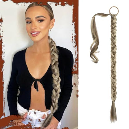 Long Braid Ponytail Extension with Hair Tie Straight Sleek Wrap Around Hair Extensions Braid Pony Tail Fluffy Natural Soft Synthetic Hairpieces for Women Daily Wear, 26 inch | Long Synthetic Braids Extensions for Women 26 Inch Ash Brown with Sand Blonde -