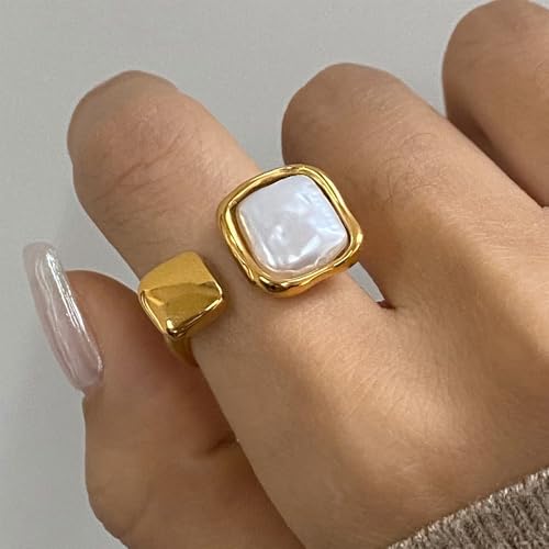 Baroque Pearl Ring for Women Gold-Tone Plated Adjustable Open Band Geometric Statement Jewelry for Middle Thumb Finger Adjustable Stainless Steel Comfort Fit Dainty Valentine's Anniversary