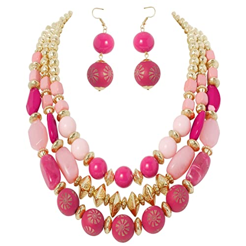 Bocar 3 Layer Chunky Statement Beaded Necklace and Earrings Set, Fashion Multi Layer Women Collar Necklace Jewelry Set - color: Bright Rose-Gold