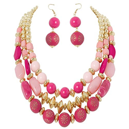 Bocar 3 Layer Chunky Statement Beaded Necklace and Earrings Set, Fashion Multi Layer Women Collar Necklace Jewelry Set - color: Bright Rose-Gold