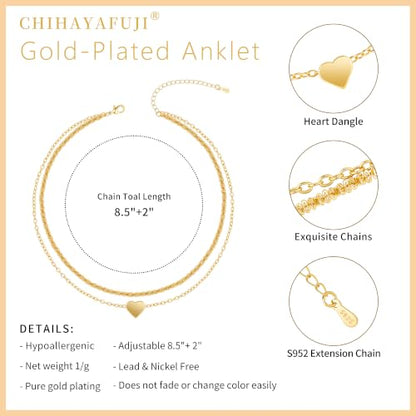 Sterling Silver Ankle Bracelets for Women 14k Gold Waterproof Layered Stackable Non Tarnish Dainty Heart Charm Large Adjustable Anklet for Summer Beach Jewelry Gift - color: GoldA
