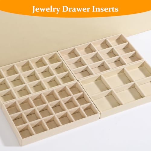 Jewelry Organizer Trays Set of 9, Velvet Lined Stackable Jewelry Trays for Drawers with Adjustable Dividers, Earring Organizer Storage, Beige 8.3 x 4.9 x 1 Inches