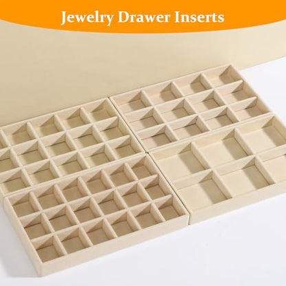 Jewelry Organizer Trays Set of 9, Velvet Lined Stackable Jewelry Trays for Drawers with Adjustable Dividers, Earring Organizer Storage, Beige 8.3 x 4.9 x 1 Inches
