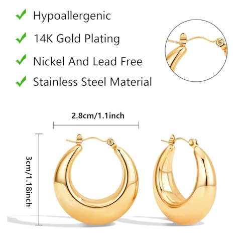 Chunky Gold Hoop Earrings for Women Stainless Steel Cute Fashion Hypoallergenic Earrings Minimalist Jewelry