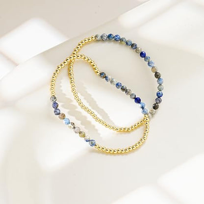Kainier Gold Beaded Bracelets for Women 2Pairs 14K Gold Plated Stretch Bracelet Set Stackable Tarnish Dainty Natural Stone Bead Bracelets Gift - color: Aquamarine