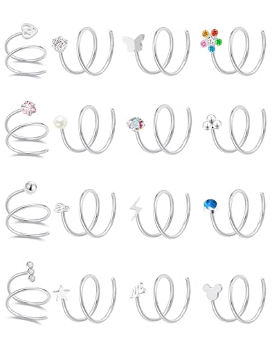 Akeoqi 16PCS Double Nose Ring Hoop For Single Piercing Stainless Steel Dangle Spiral Nose Rings Snake Flower Butterfly Planet Angel Wings Heart Ball Twist Earring Hoops Body Piercing Jewelry For Women - color: A: Silver-1