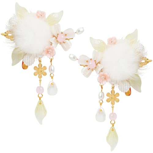 A Pair Wedding Hair Clips, Handmade Floral Design Crystal Hair Clips Pearl Barrettes, Rhinestones Flower Clips Pearl Headpieces Hair Pins Hair Accessories for Women Girls (White&Light Green) - color: White&Light Green