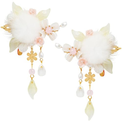 A Pair Wedding Hair Clips, Handmade Floral Design Crystal Hair Clips Pearl Barrettes, Rhinestones Flower Clips Pearl Headpieces Hair Pins Hair Accessories for Women Girls (White&Light Green) - color: White&Light Green