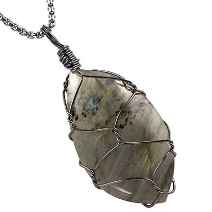 TUMBEELLUWA Handmade Copper Wire Wrapped Labradorite Necklace for Women Men | Irregular Shape, Third Eye Chakra, Enhances Intuition & Spiritual Awareness, 19.86" Stainless Steel Chain, Daily Wear - style: Style 6