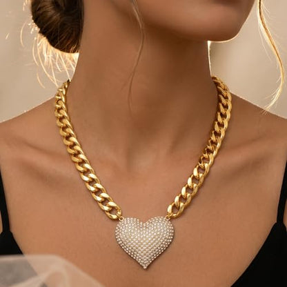 Gold Cuban Link Chain Necklace with Red Crystal Heart Pendant, Statement Chunky Curb Link Chain，Fashion Jewelry for Women - color: White