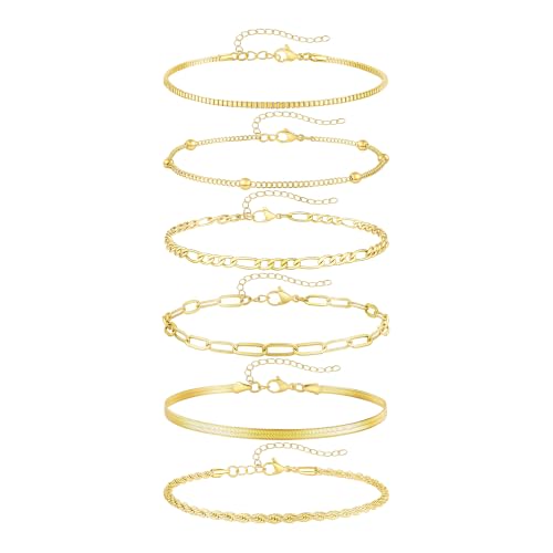 Fesciory 14K Gold Ankle Bracelets for Women, Layered Stackable Anklet Set | 6 Pcs Anklet Set, Layered Ankle Bracelet, Cuban Link Design, Stackable Plus Size, Adjustable Fit, Summer Beach Jewelry - color: Set7-Gold 6Pcs