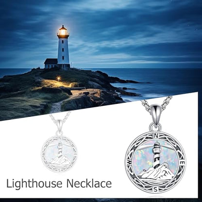 ONEFINITY Lighthouse Necklace for Women Sterling Silver Lighthouse Pendant Necklace Birthday Jewelry Gift for Women - color: Opal Compass lighthouse