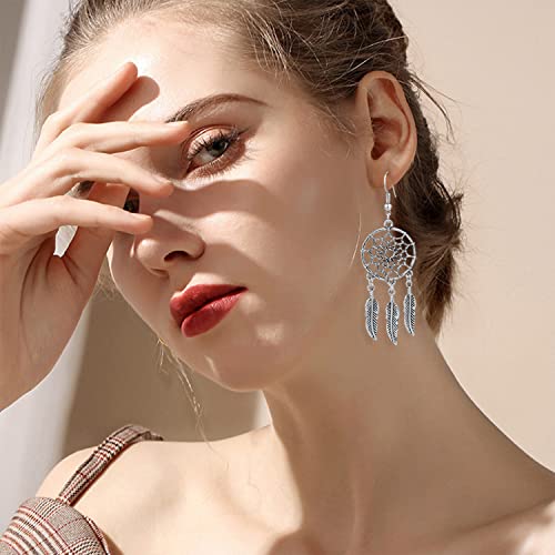 KaFu Woman Retro Silver BOHO Style Metal Dangle Drop Earrings Dream Catcher Statement Feather Dangle Tassels Turquoise Earrings for Women Girls - color: Silver-2