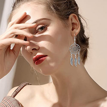 KaFu Woman Retro Silver BOHO Style Metal Dangle Drop Earrings Dream Catcher Statement Feather Dangle Tassels Turquoise Earrings for Women Girls - color: Silver-2