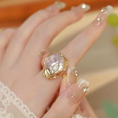 GIGB PBDK Gold Plated Baroque Pearl Ring for Women Fashion Chunky Irregular Pearl Knuckle Statement Ring Minimalist Promise Ring Bridal Wedding Charm Jewelry - color: Gold2