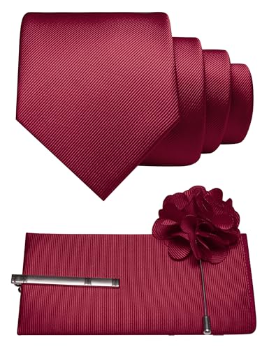 JEMYGINS Formal Necktie Solid Color Tie and Pocket Square with Tie Clip Lapel Pin Sets for Men 4PCS - color: Burgundy