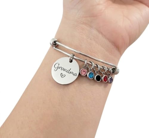 Custom Grandma Bracelet with Birthstones – Personalized Name Engraved Stainless Steel Bangle with 1-12 Birthstone Charms – Adjustable Wire Bracelet Gift for Mom, Grandma, Nana, Mimi