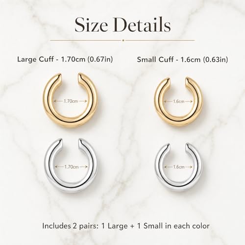 2 Pairs Chunky Ear Cuff Earrings Non Piercing for Women | Gold & Silver Thick Round Lightweight Minimalist Ear Cuffs Fashion Jewelry