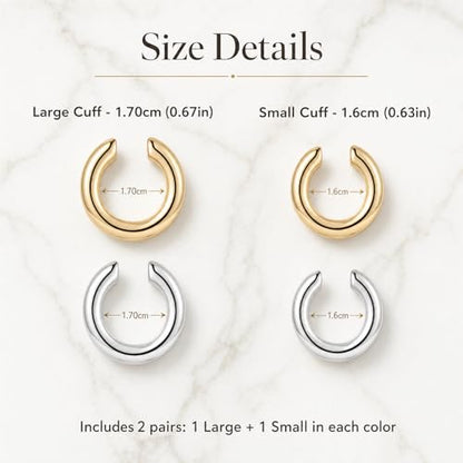 2 Pairs Chunky Ear Cuff Earrings Non Piercing for Women | Gold & Silver Thick Round Lightweight Minimalist Ear Cuffs Fashion Jewelry