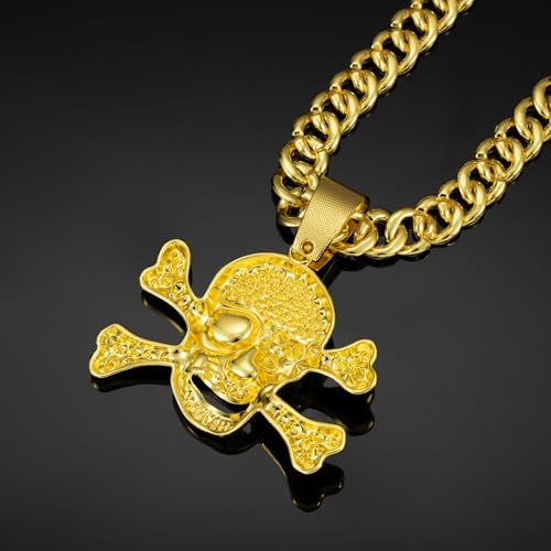 Slip Chain Choker for Women Handmade Black Stainless Steel Cuban Chain Chunky Moon Bat Raven Skull Pendant Gothic Punk Rock Collar Adjustable Lariat Y Necklace for Men - style: Golden Skull