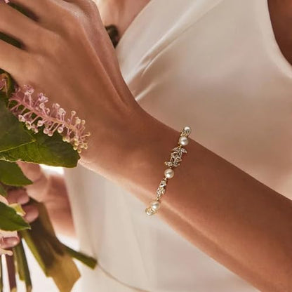EVER FAITH Gorgeous Cubic Zirconia Pearl Wedding Link Bracelet for Bride | Marquise Teardrop Crystal Bridal Prom Jewelry, for Women Bridesmaids - style: Leaf_Clear Gold-Tone