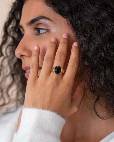 YeGieonr Gold Signet Rings for Women Non Tarnish Gold Rings, Waterproof Gemstones Statement Ring, 18K Gold Plated Stainless Steel Gem Stone Jewelry Gift for Everyday Wear - color: Black Onxy