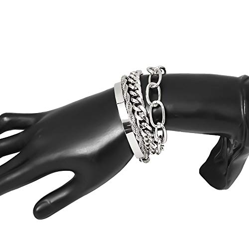 Dainty Boho Chain Bracelets Set for Women Adjustable Fashion Beaded Chunky Flat Cable Chain Punk Bracelets for Women Gift Set of 4 - color: Silver