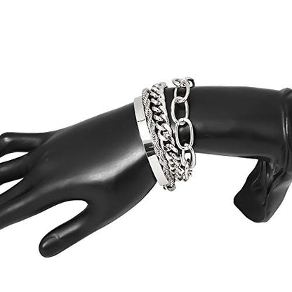 Dainty Boho Chain Bracelets Set for Women Adjustable Fashion Beaded Chunky Flat Cable Chain Punk Bracelets for Women Gift Set of 4 - color: Silver
