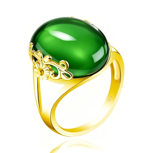 Oval Crystal Gemstone Floral Ring, 14K Gold Plated S925 Sterling Silver, Vintage Boho Statement Ring for Women - color: Floral_B green
