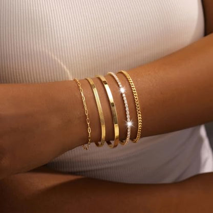 Dainty Gold Bracelet for Women Trendy Non Tarnish, Thin Bracelets Stackable Set with Bangle Cuff, Box, Herringbone, Paperclip, Figaro, Sparkling Link Chains Waterproof, Simple Jewelry Gifts for Women - color: Gold-tennis/cuban/bangle/paperclip/snake