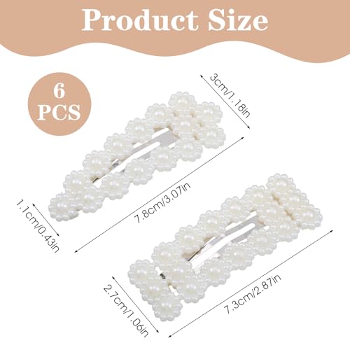 6 Pcs Pearl Hair Clips, 2 Style Snap Barrette Pearl Hair Pins for Women | Elegant Hair Accessories for Wedding Party Daily Styling