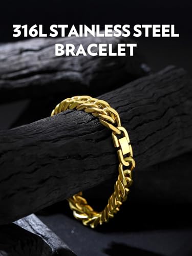 Bandmax Cuban Bracelets for Men, Stainless Steel Link, 7.5"/8.3"/9" Length | 7/8/12mm Width, Miami Wristlet Chain, Steel/Black/Gold Tone, Hip Hop Jewelry, Gift for Son Grandson Husban - color: Gold