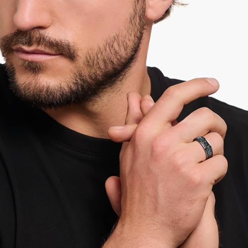 TUNGSTORY 8mm Tungsten Mens Wedding Band, Black Spinner Fidget Rings Meteorite Inlaid, Anxiety Released Spinner Ring for Men Engagement Anniversary Comfort Fit Size 7-12