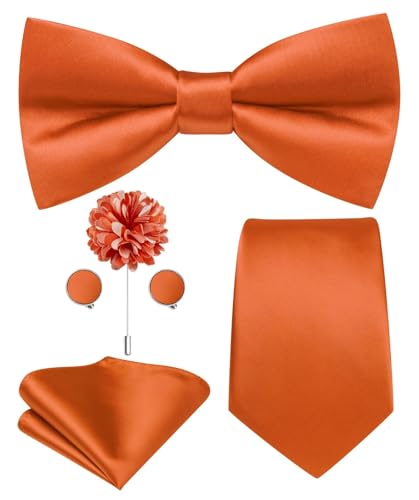 Hi-Tie 5Pcs Mens Solid Color Silk Tie Satin Pretied Bowtie Lapel Pin for Men Handkerchief Cufflink Wedding Gift Box - color: Burn Orange