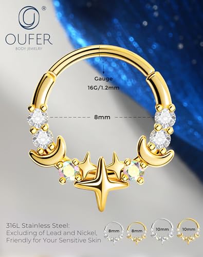 OUFER 16G Silver Gold Moon Star Hinged Segment Septum Ring 316L Surgical Stainless Steel CZ Septum Jewelry 8mm 10mm Inner Diameter with Free Tweezer Helix Tragus Conch Lip Piercing Jewelry for Women - color: Gold