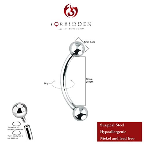 Forbidden Body Jewelry Curved Barbell Piercing Jewelry - 00GA-16GA Silver Eyebrow Piercing - Surgical Steel Snake Eye Frog Eyes Tongue Rings & Belly Rings for Women (6/14mm Bar, 3/12mm Balls) - style: 16GA, 12mm Length, 4mm Balls