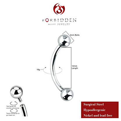 Forbidden Body Jewelry Curved Barbell Piercing Jewelry - 00GA-16GA Silver Eyebrow Piercing - Surgical Steel Snake Eye Frog Eyes Tongue Rings & Belly Rings for Women (6/14mm Bar, 3/12mm Balls) - style: 16GA, 12mm Length, 4mm Balls