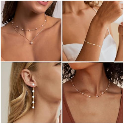 DIBOLA Gold Jewelry Set for Women, Dainty Layered 14K Gold/Silver Pearl Choker Necklaces and Earring Set Pearl Earrings Bracelets Wedding Bride Jewelry - color: long pearl earrings jewelry set-silver