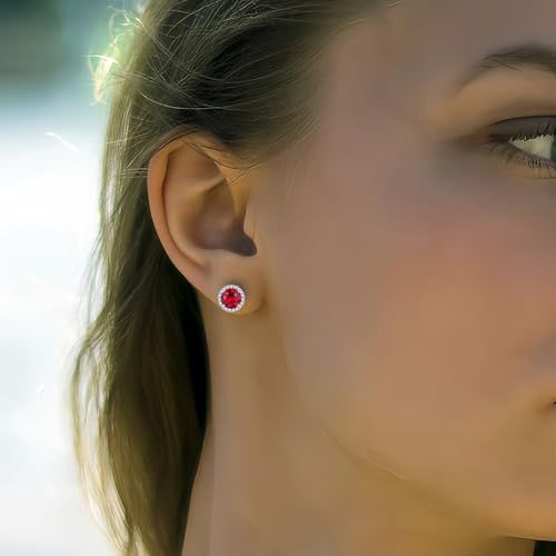 YOMELA Round Cubic Zirconia Stud Earrings for Women | Everyday Dainty, Diamond-Like Brilliance, CZ Halo Birthstone Studs, Hypoallergenic & Lightweight, Elegant & Versatile - color: Ruby Red