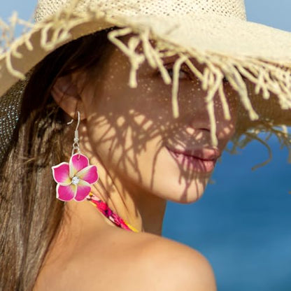 Floral Dangle Earrings for Women Hawaiian Tropical Plumeria Rubra Flower Drop Earrings with Cubic Zirconia Luau Beach Party Vacation Hawaiian Accessories Jewelry Gift - color: Hot Pink