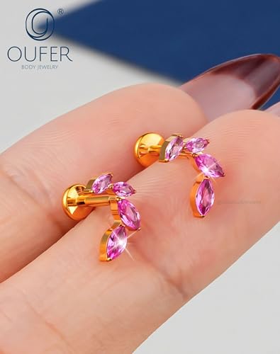 OUFER Body Piercing Titanium Helix Piercing Jewelry 16G Leaf Helix Earrings for Women Internally Thread Conch Helix Stud Flat Back Cartilage Earrings Surgical Steel Gold Cartilage Piercing Jewelry - color: ruby CZ, size: 1.2*8mm